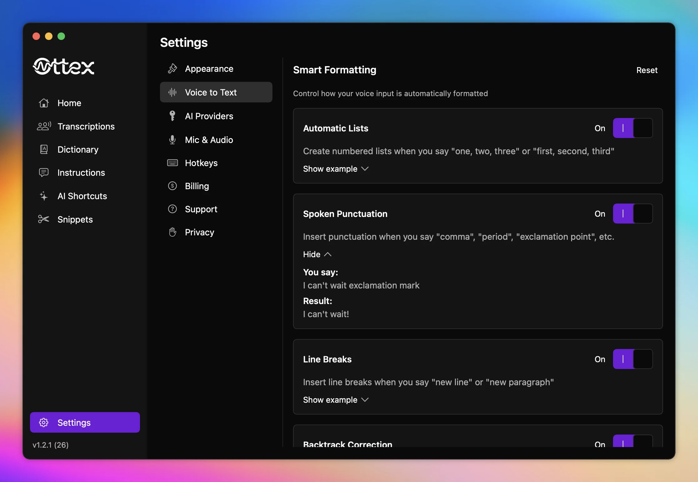 Smart formatting settings
