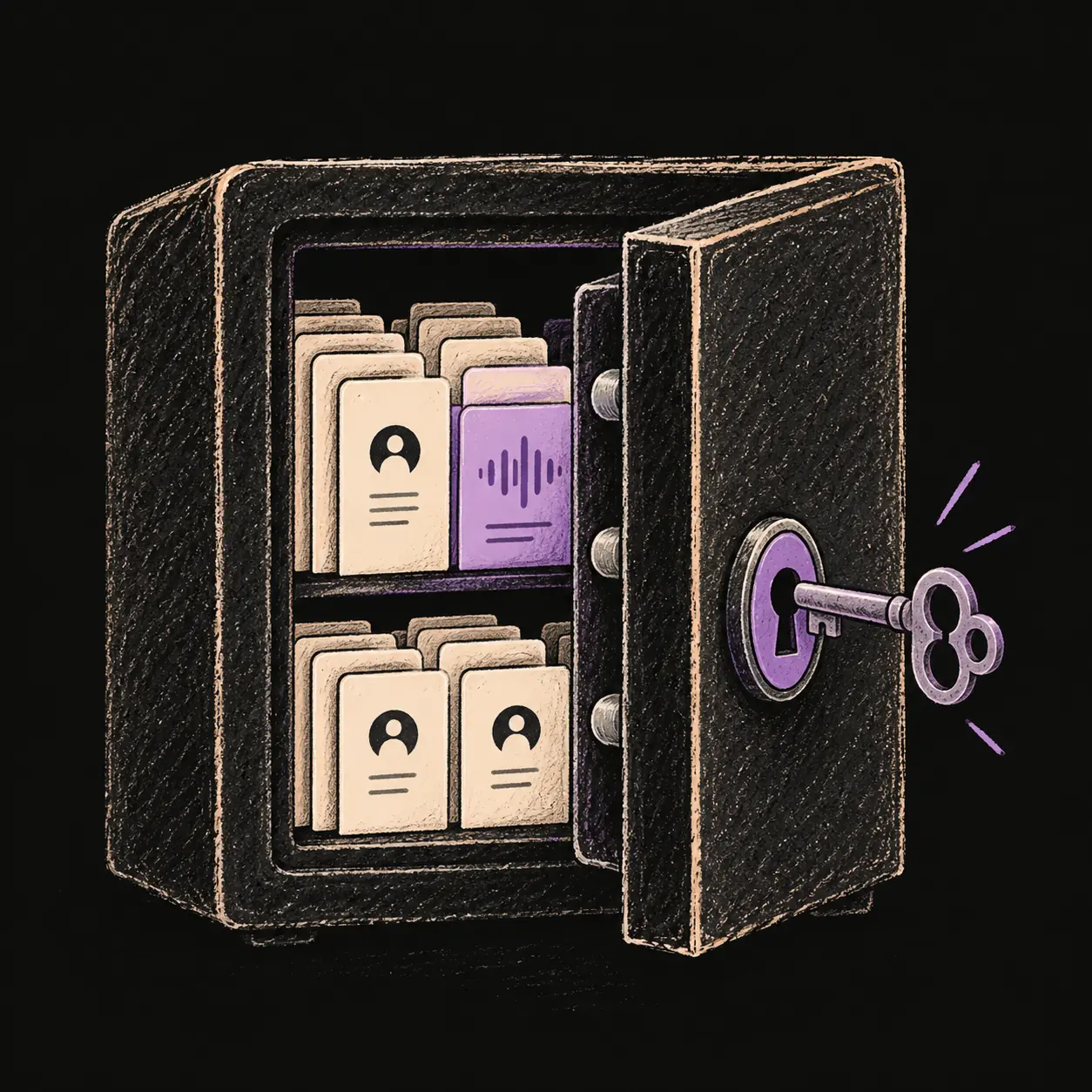 A private safe holding employee records and voice recordings, with a key in its door.