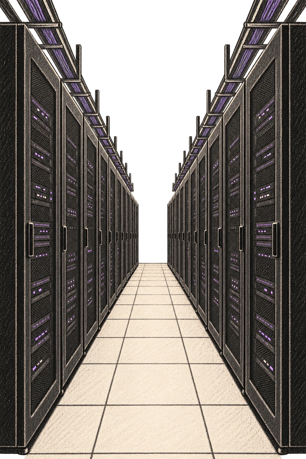 A central aisle between two aligned rows of server racks in a private data center, drawn in dry pastel.