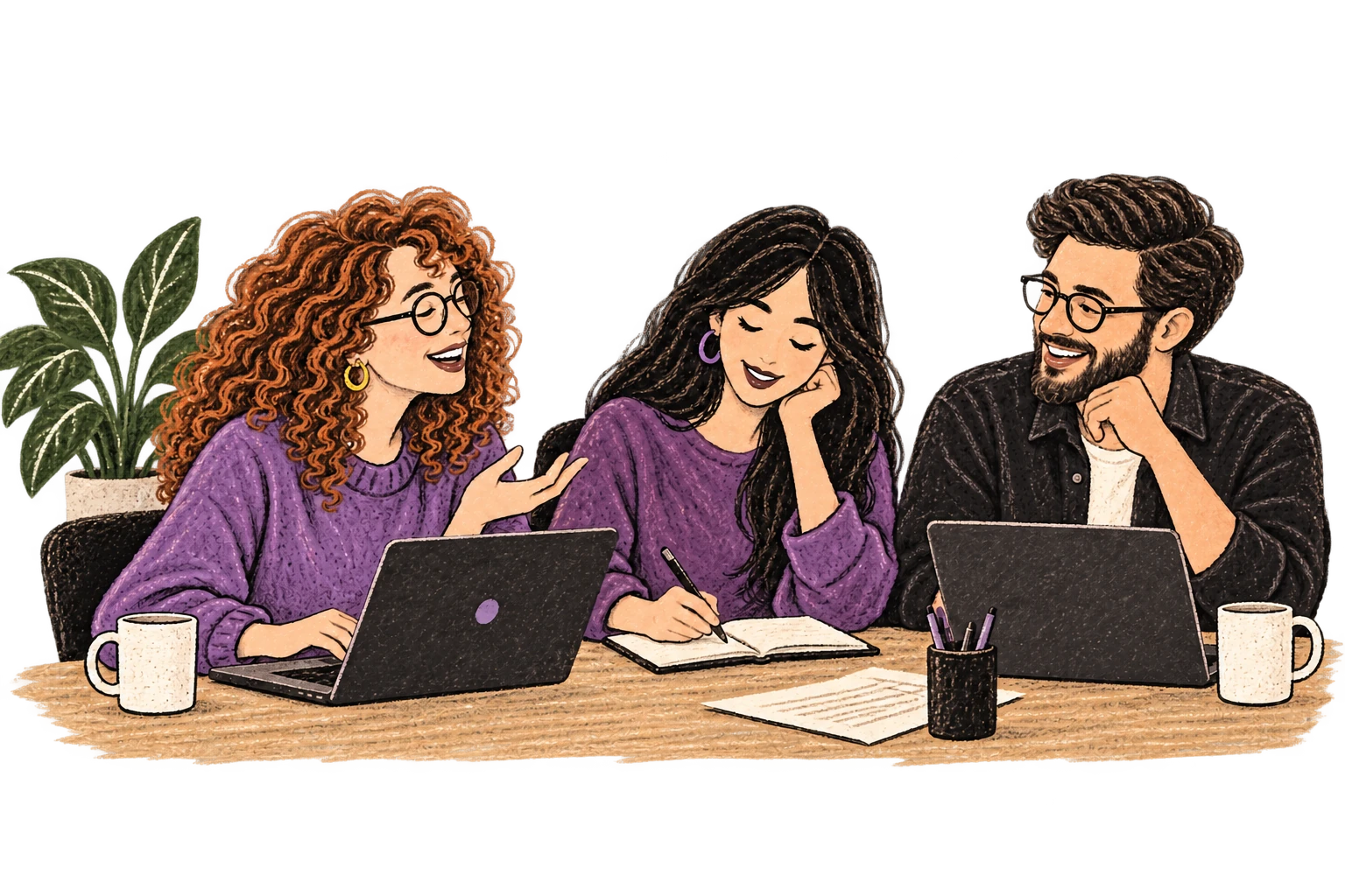 Three colleagues discussing work, dictating at laptops, and reviewing notes together.