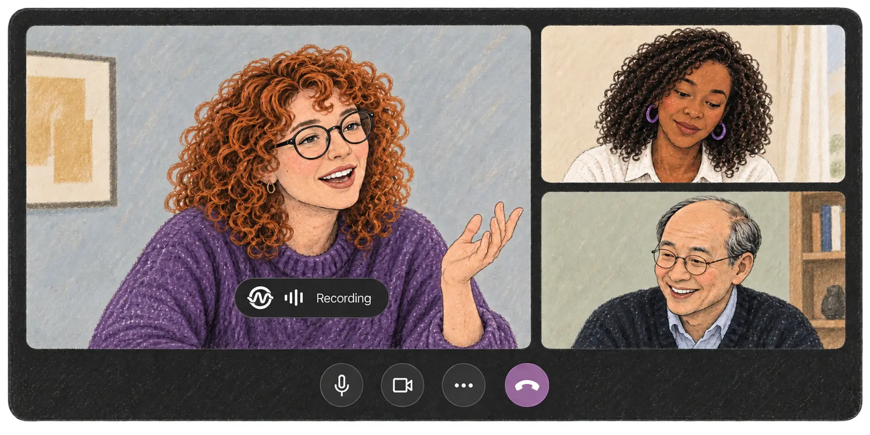 Ilustración al pastel de tres compañeros en una videollamada desde habitaciones distintas. El indicador Recording de Ottex aparece centrado sobre el vídeo de quien habla.