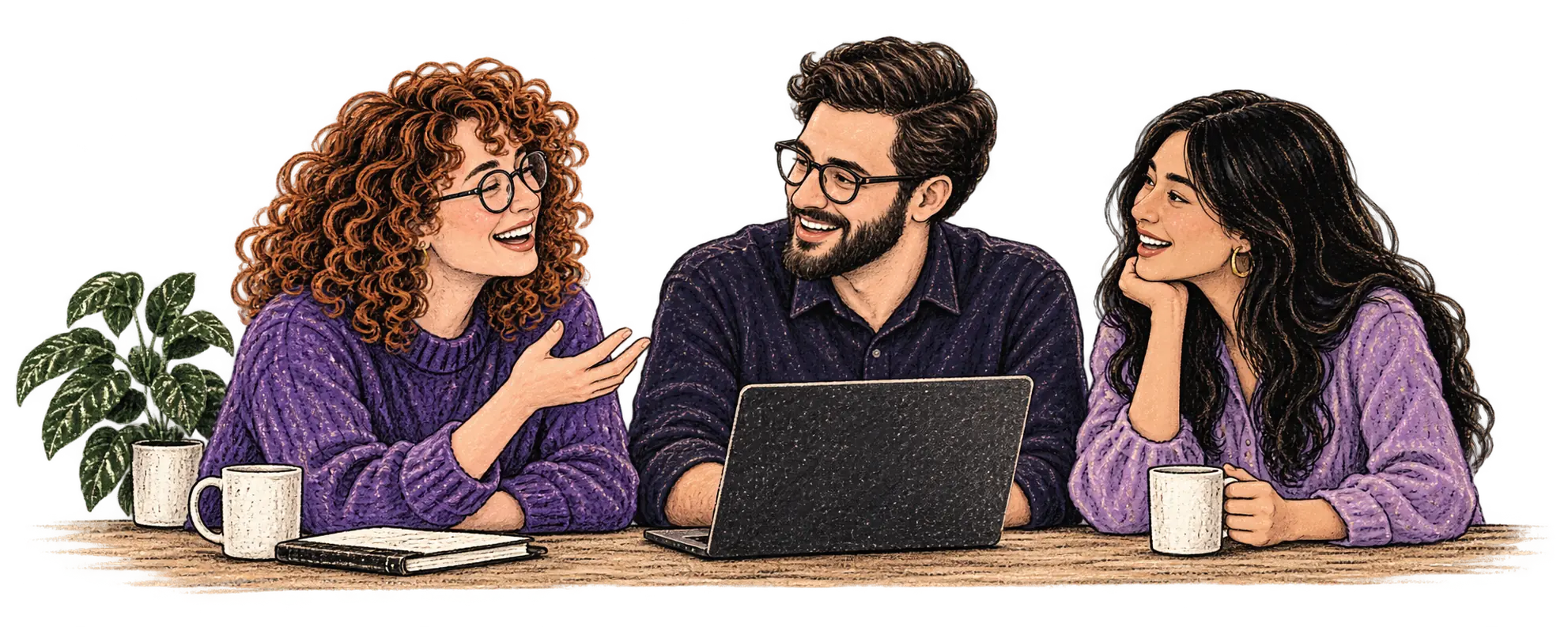 Three colleagues talking together at a laptop.