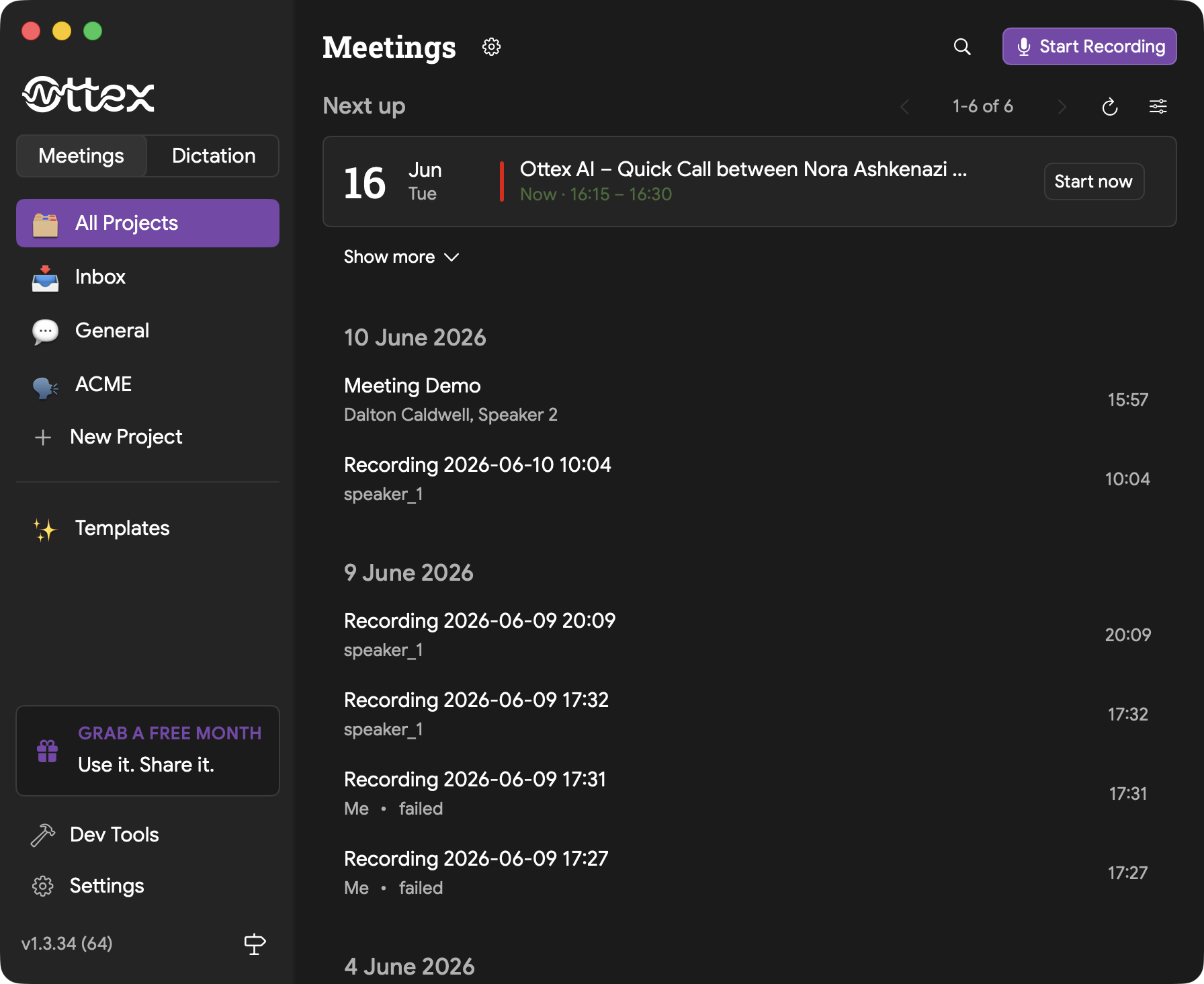 Lista de reuniones con evento de calendario y boton Start Recording