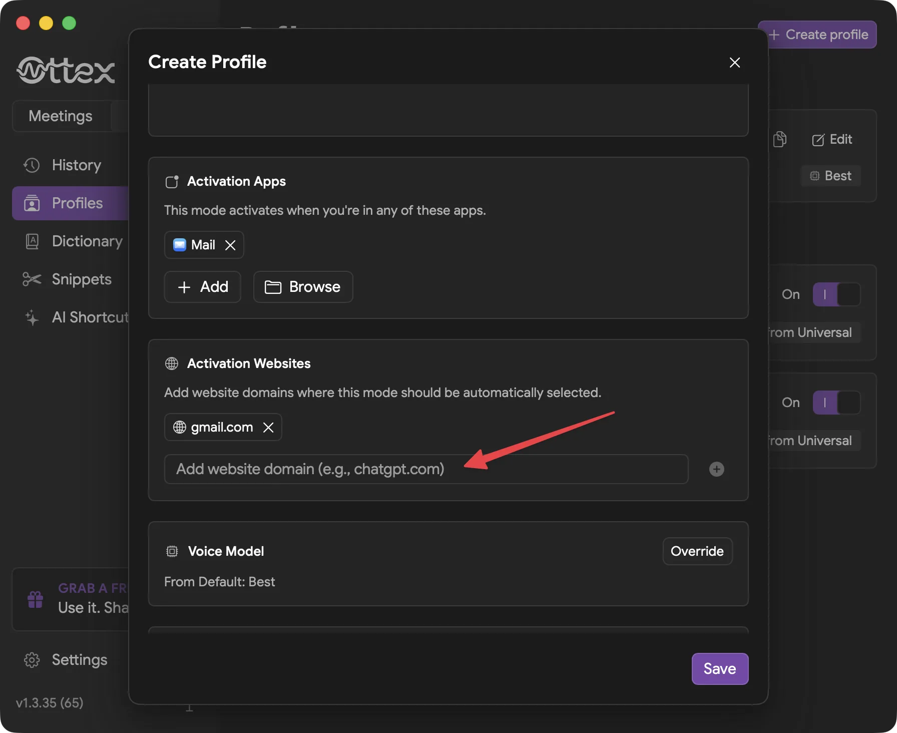 Profile settings with website URL entries