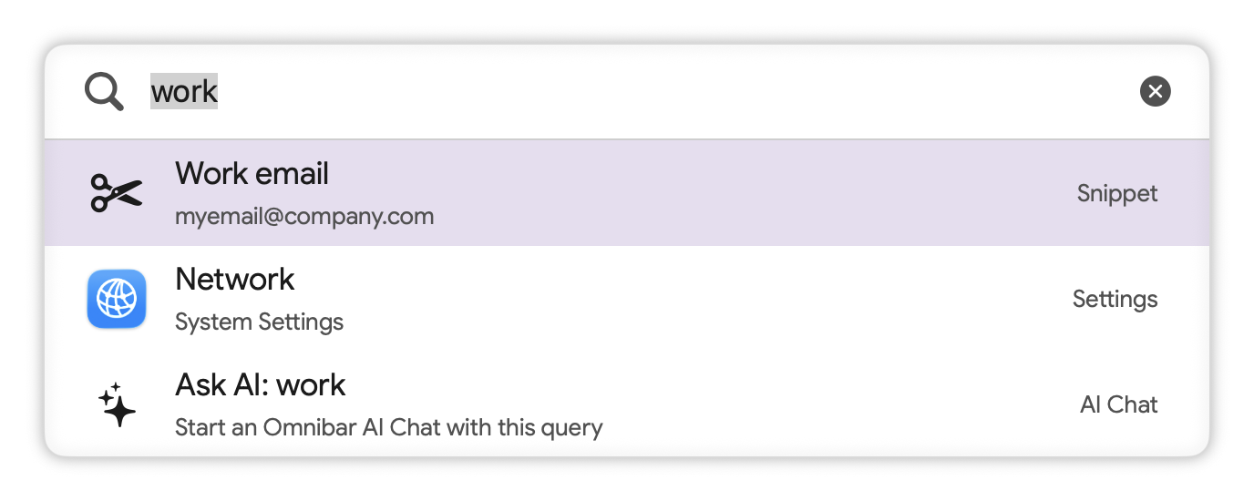 Omnibar de Ottex buscando work con el snippet Work email seleccionado