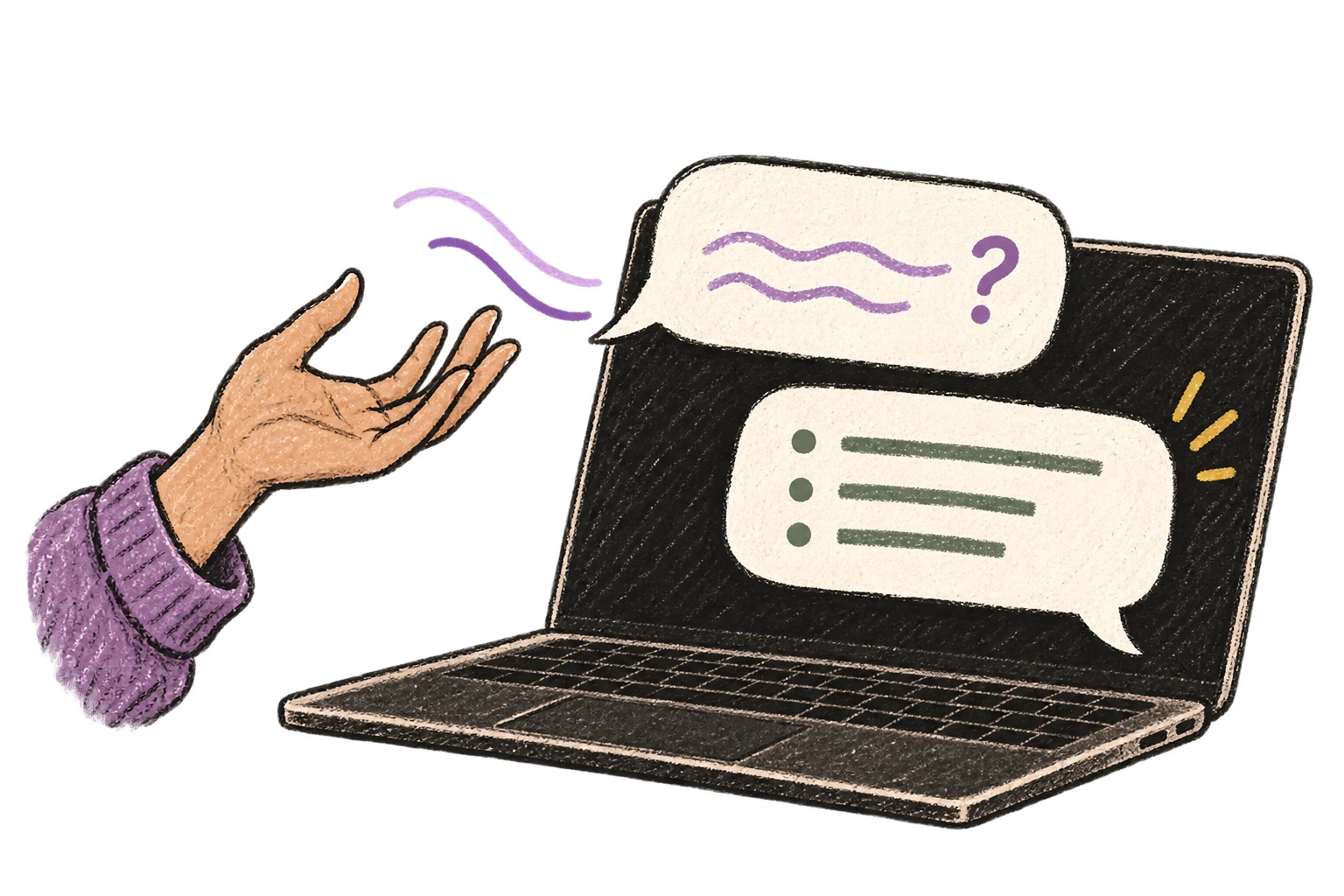 A spoken prompt becomes a conversation on a laptop.