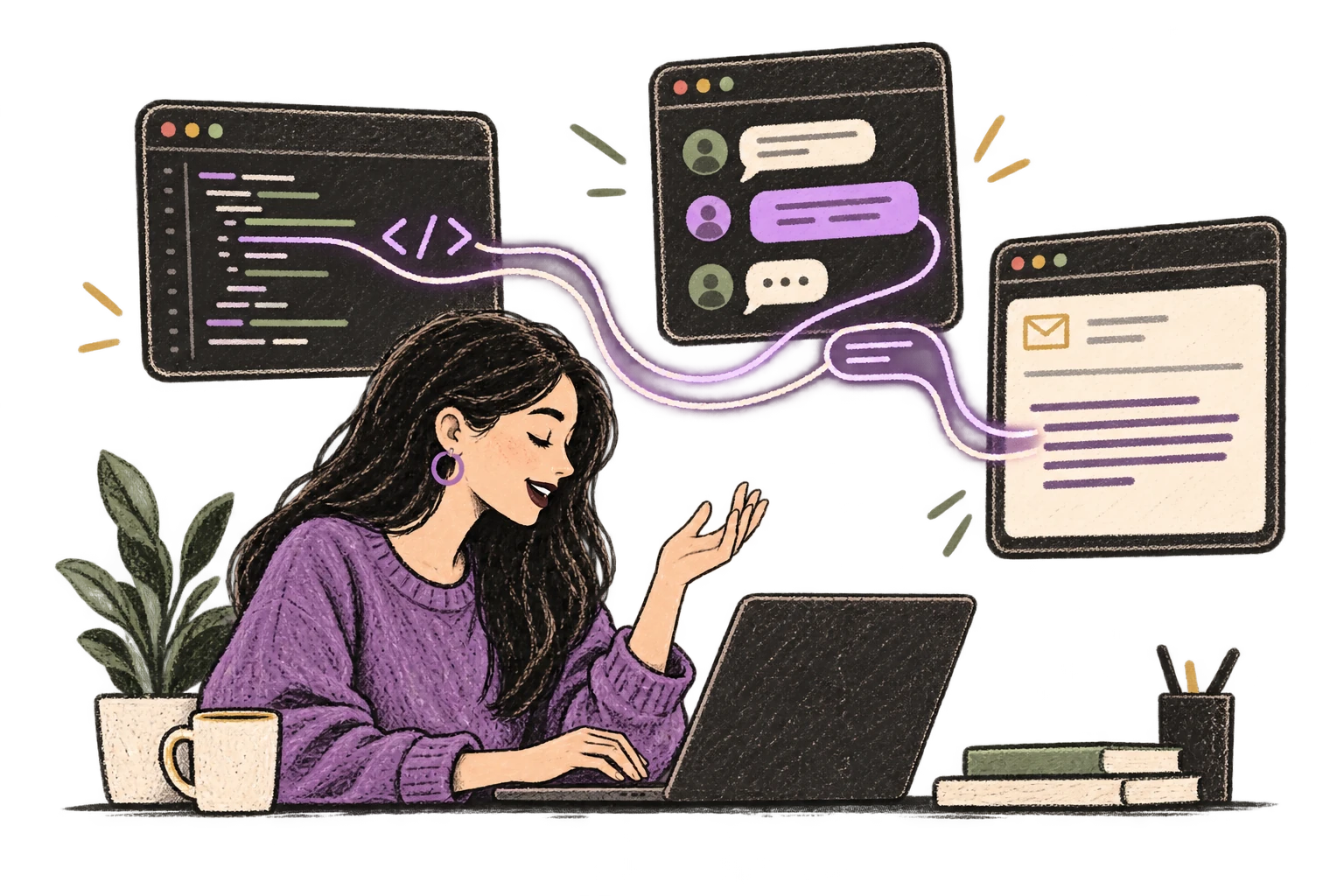 One voice adapts to a code editor, chat and email.