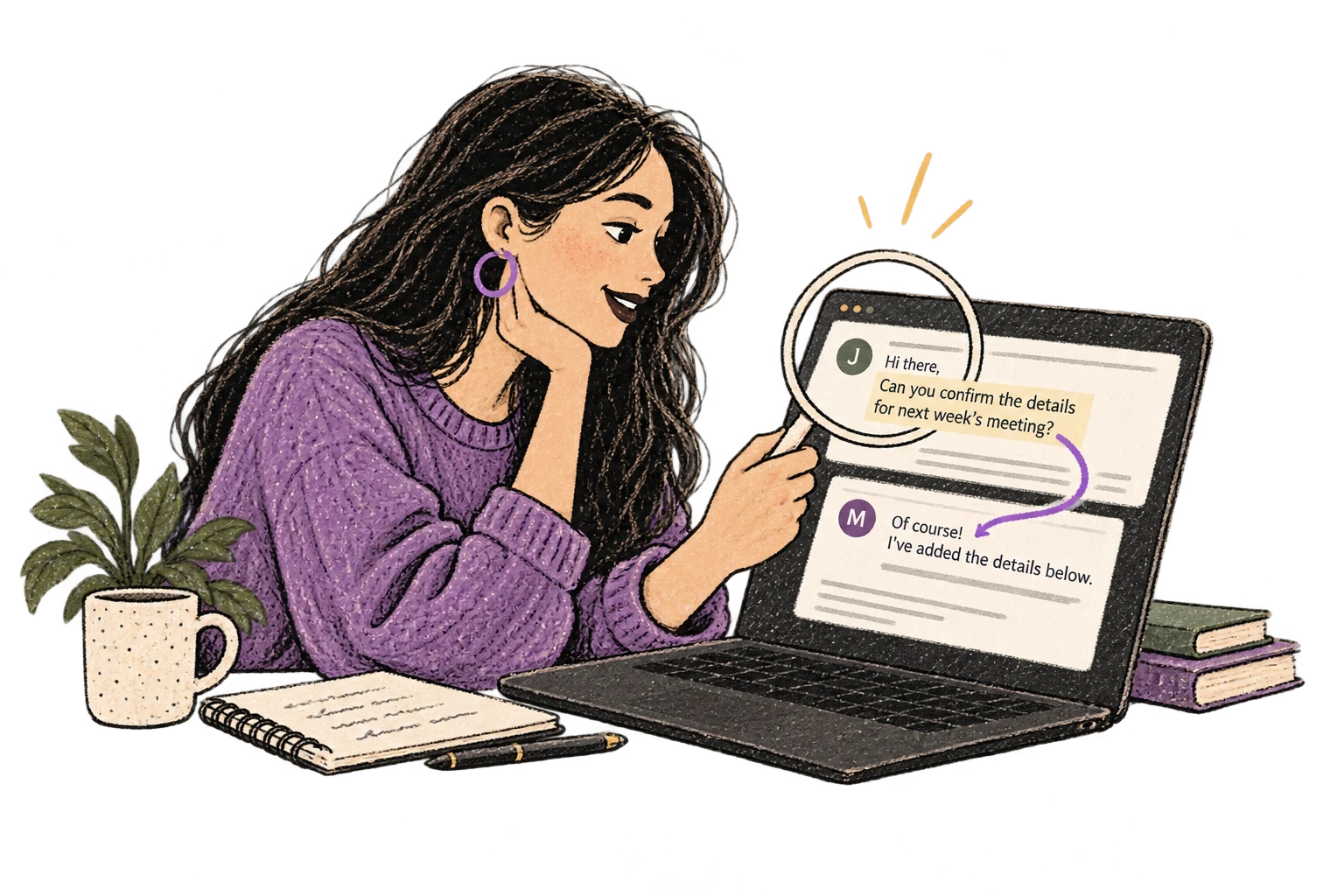 A magnifying glass connects an email conversation to its reply.