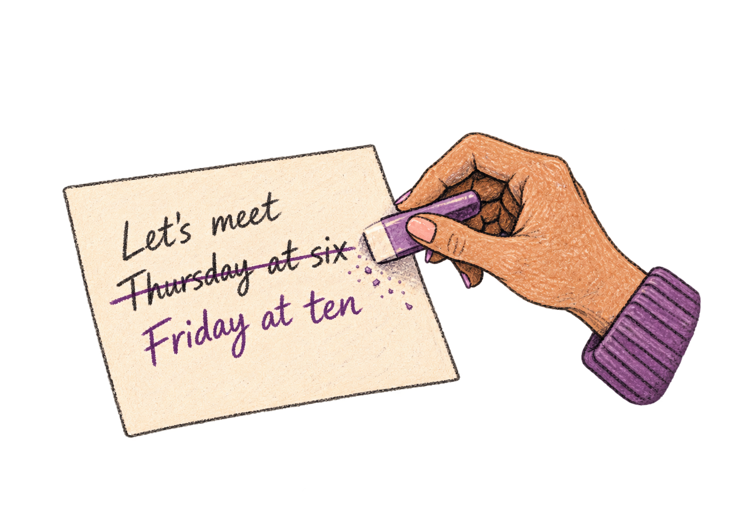 Thursday at six is crossed out and replaced with Friday at ten.