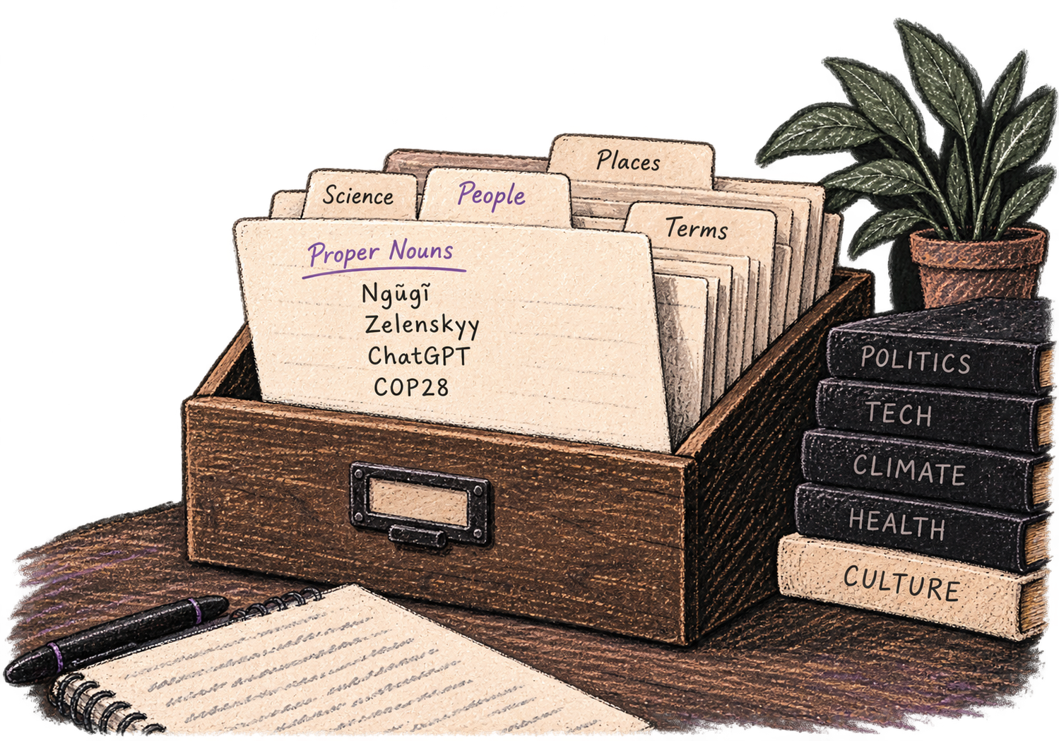 A personal card file organizes names and specialist vocabulary.