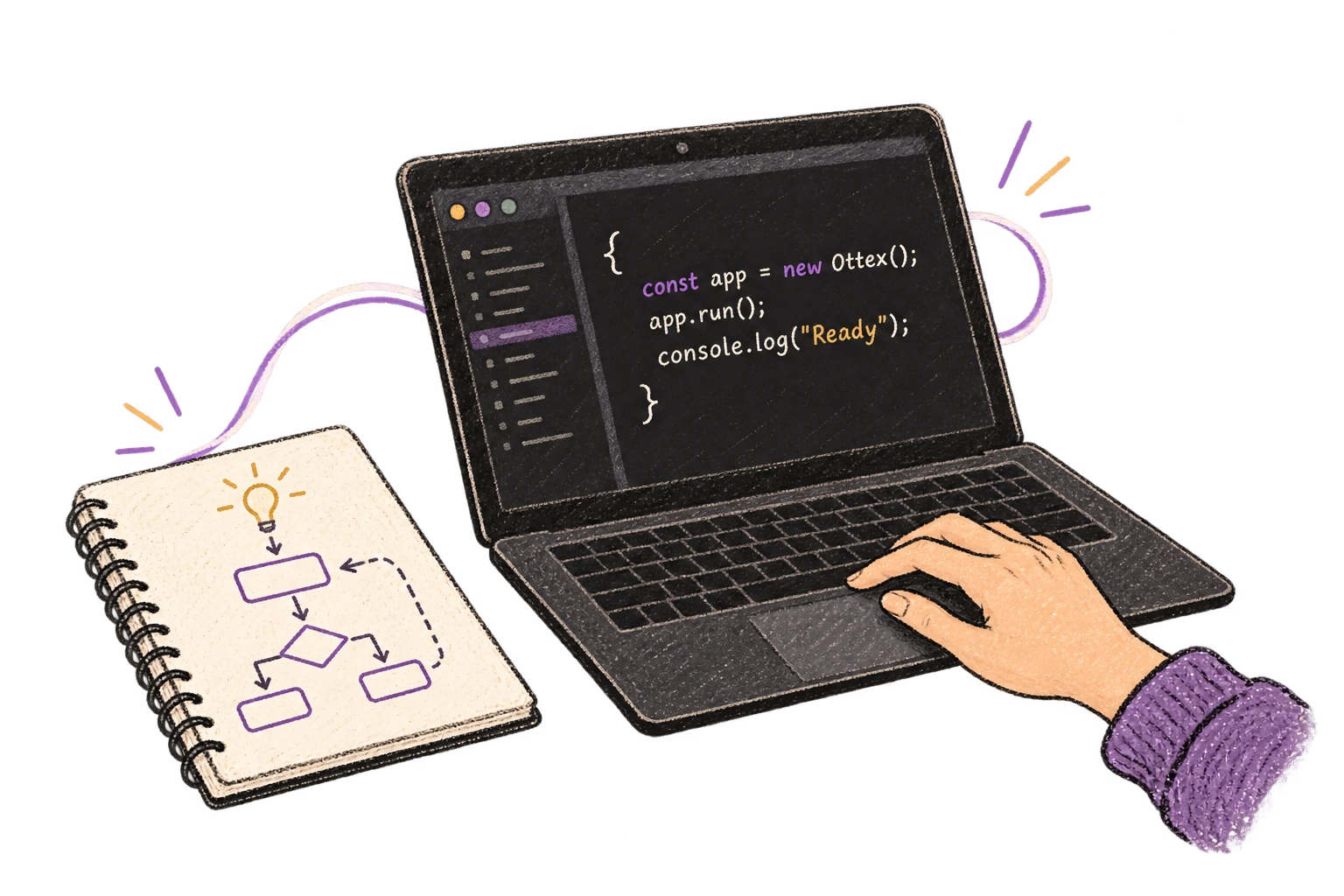 A spoken idea connects a notebook diagram to a code editor.