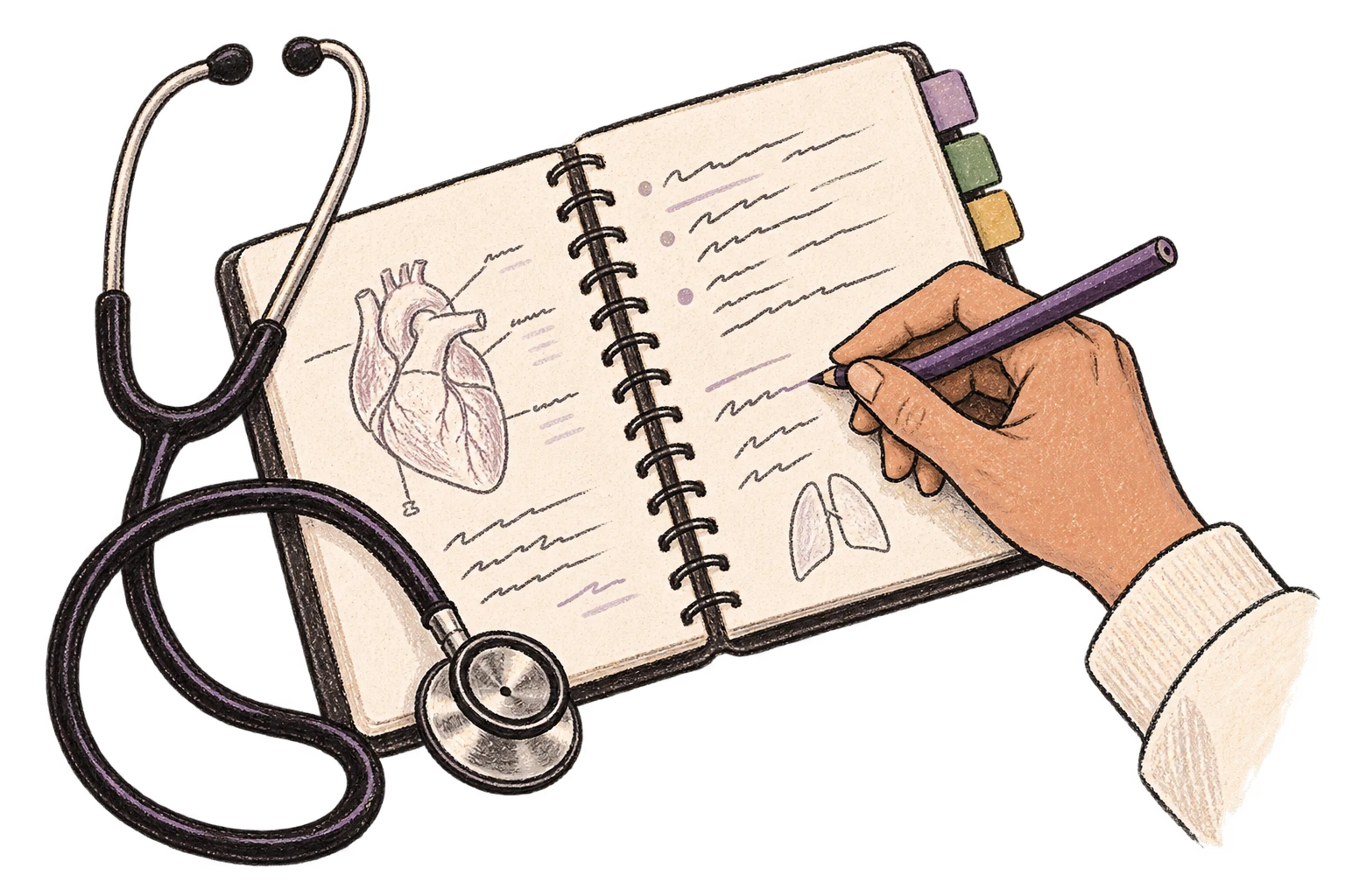 A clinical vocabulary notebook sits beside a stethoscope.