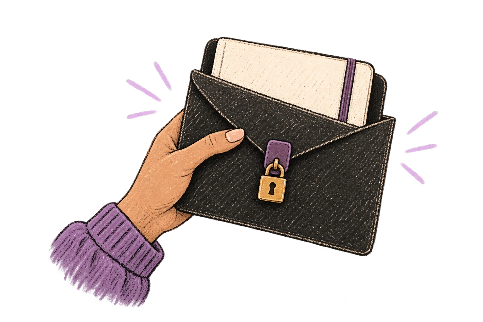 A private notebook is protected inside a locked envelope.