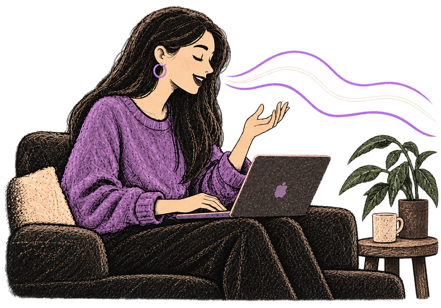 A woman speaks naturally while working on her laptop.
