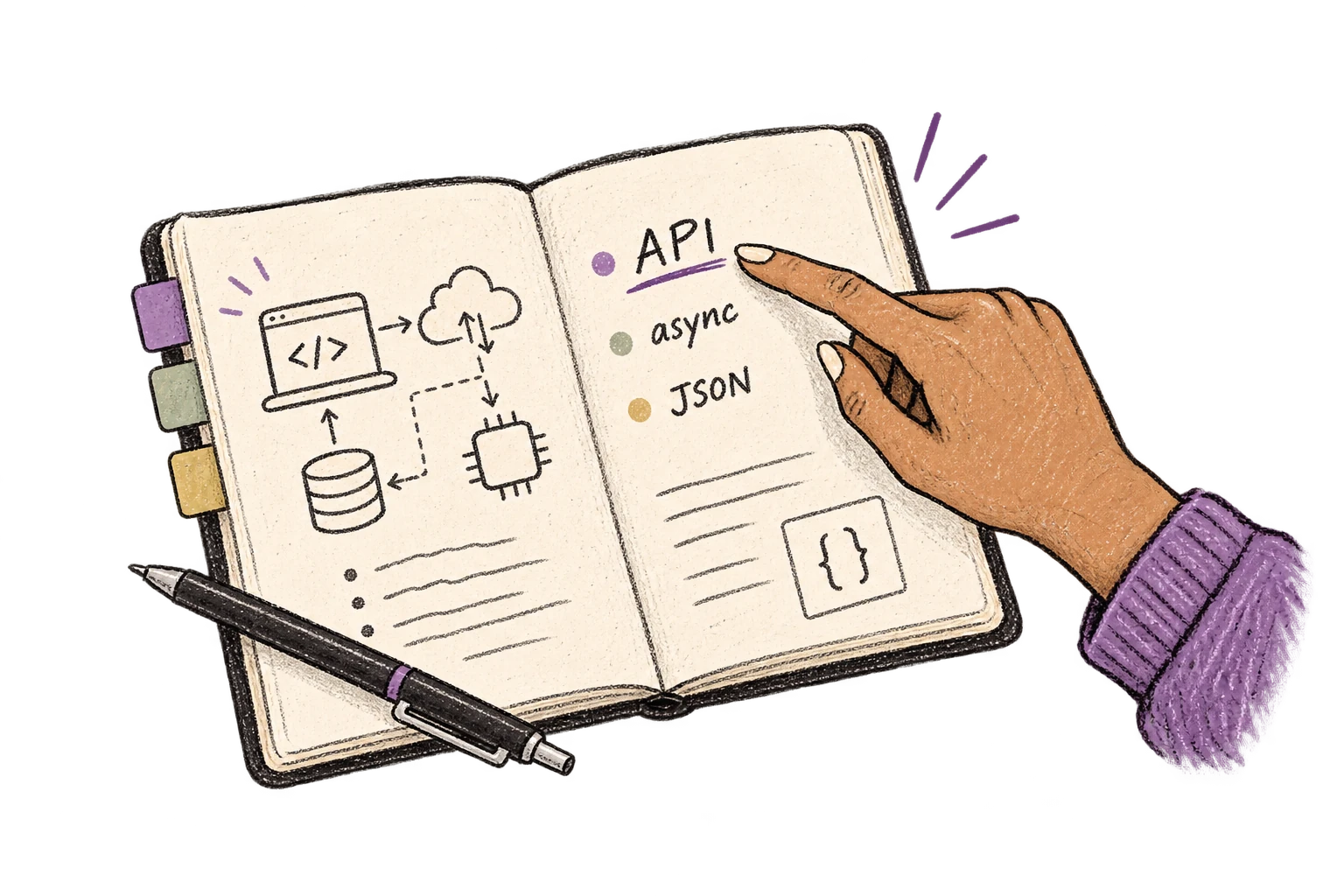 An engineering notebook keeps API, async and JSON terms clear.