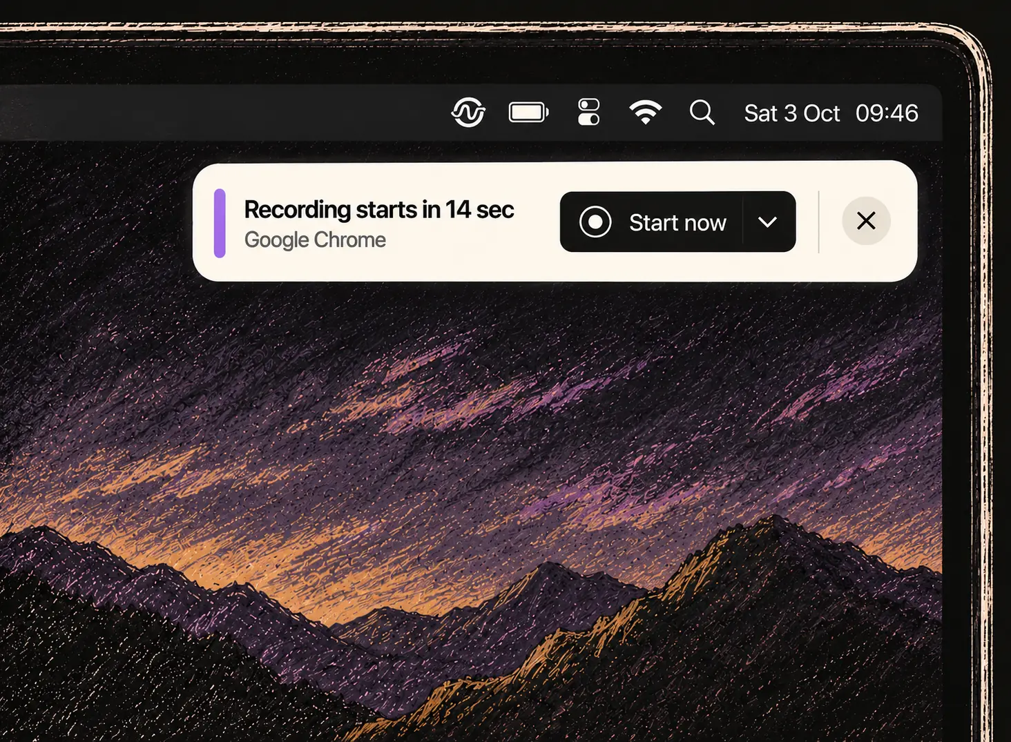 The upper-right corner of a Mac display with the Ottex menu-bar icon and a recording countdown for Google Chrome, over a pastel landscape.