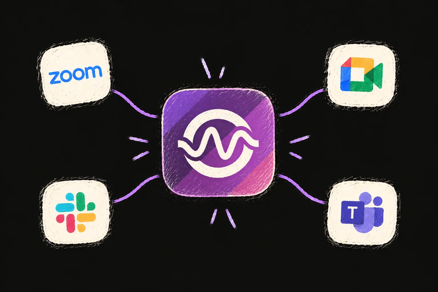 The Ottex app icon at the center of a pastel illustration, connected to Zoom, Google Meet, Microsoft Teams and Slack.