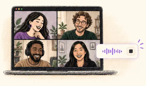 Four people on a video call, with a local audio recording control beside the Mac.