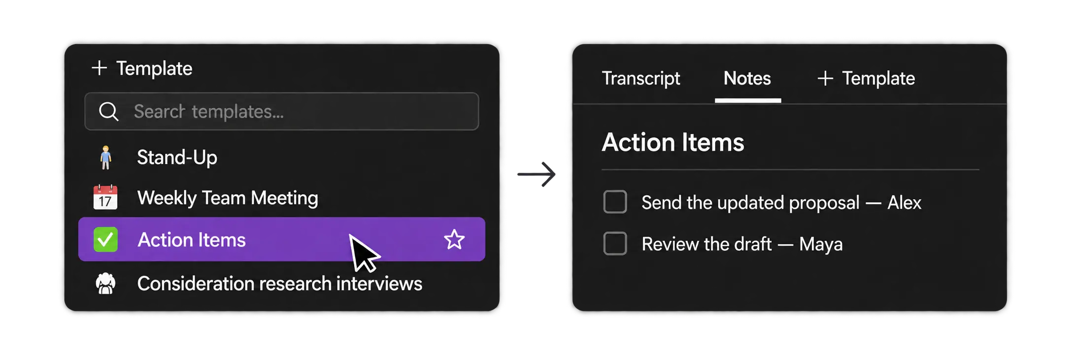 Selecting the Action Items template to turn a transcript into a draft task list