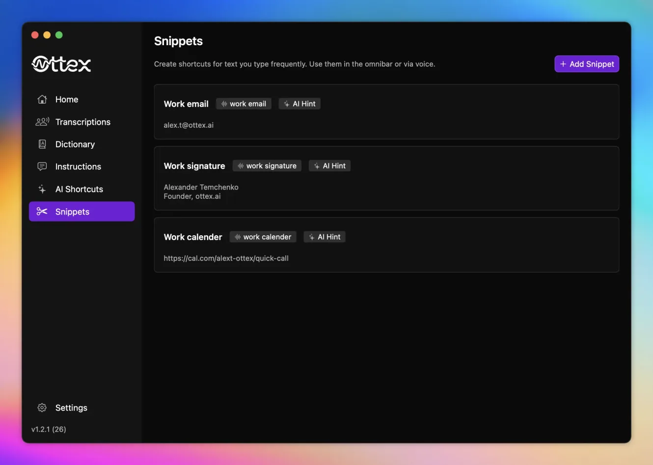 Ottex snippet library
